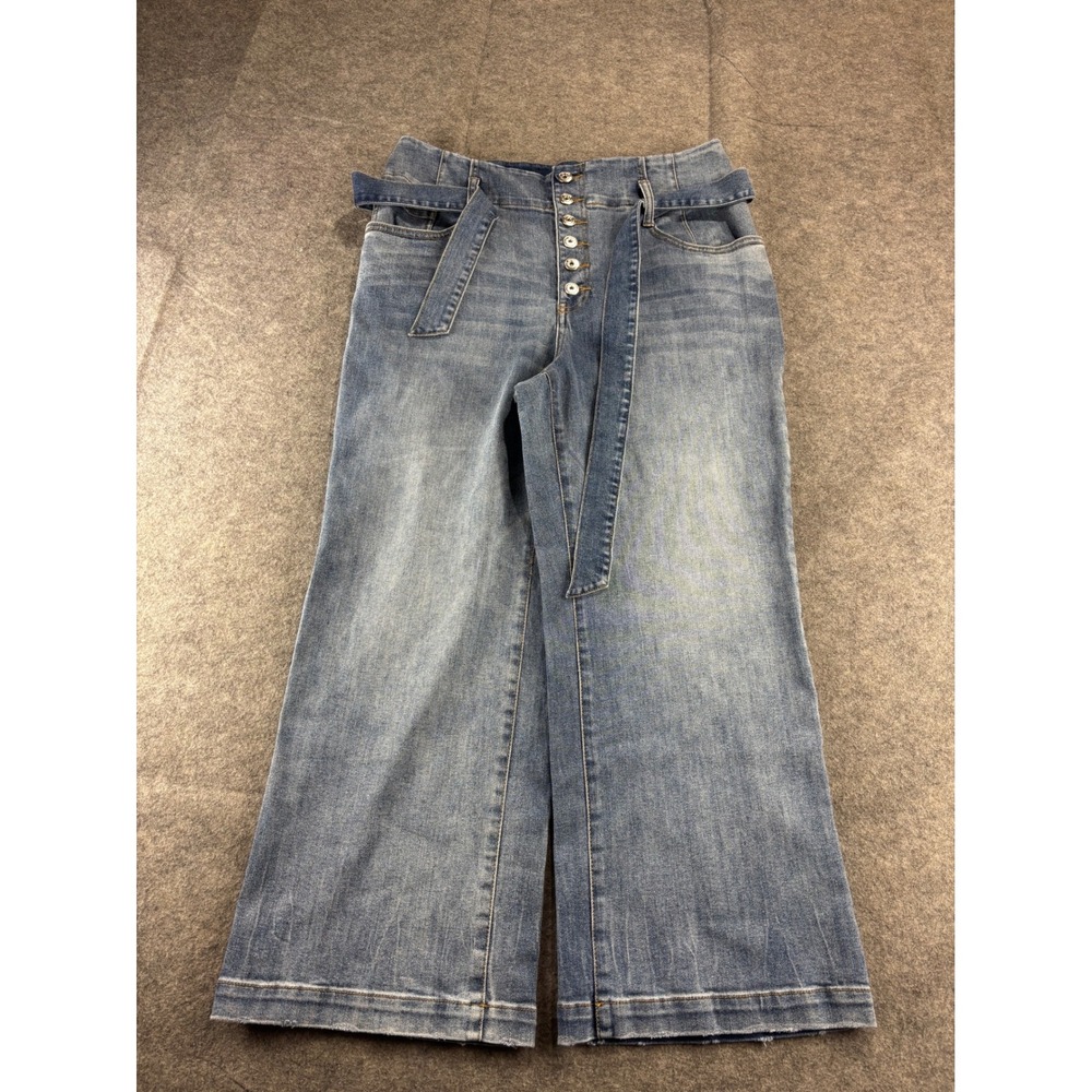 INC International Concepts Wide Leg Belted Jeans Light Indigo Button Fly 12